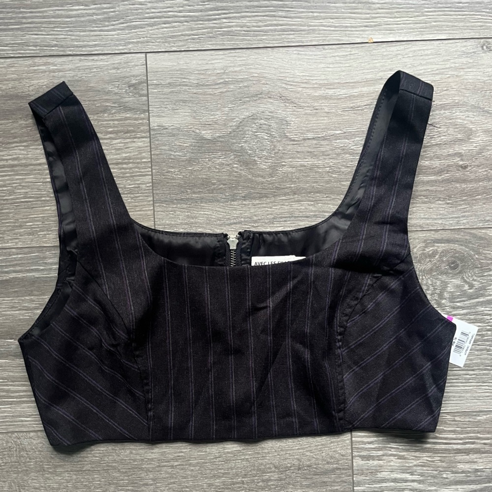 NEW Avec Les Filles Black Purple Pinstripe Sleeveless Summer Crop Top Size L